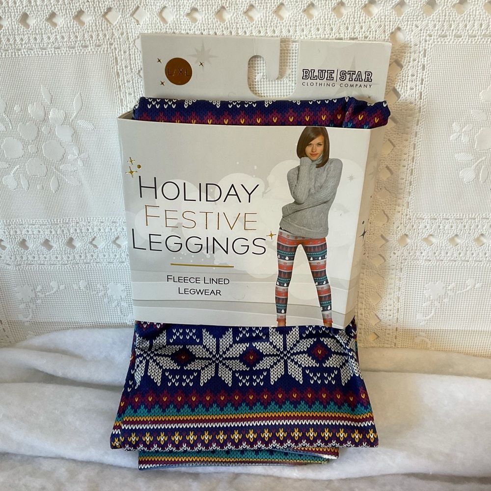 Holiday festival legging fleece lined fair isle print L/XL